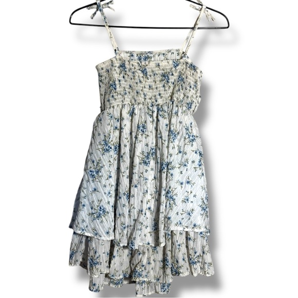 Unbranded White and Blue Floral Layered Tie Straps Empire Waist Babydoll Dress - Picture 16 of 16